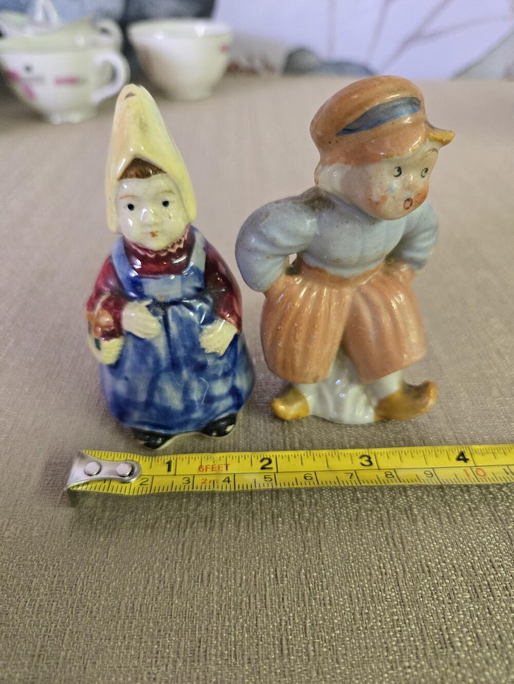 Vintage Pair of Ceramic Dutch Children Figurines - Blue, Yellow, Orange